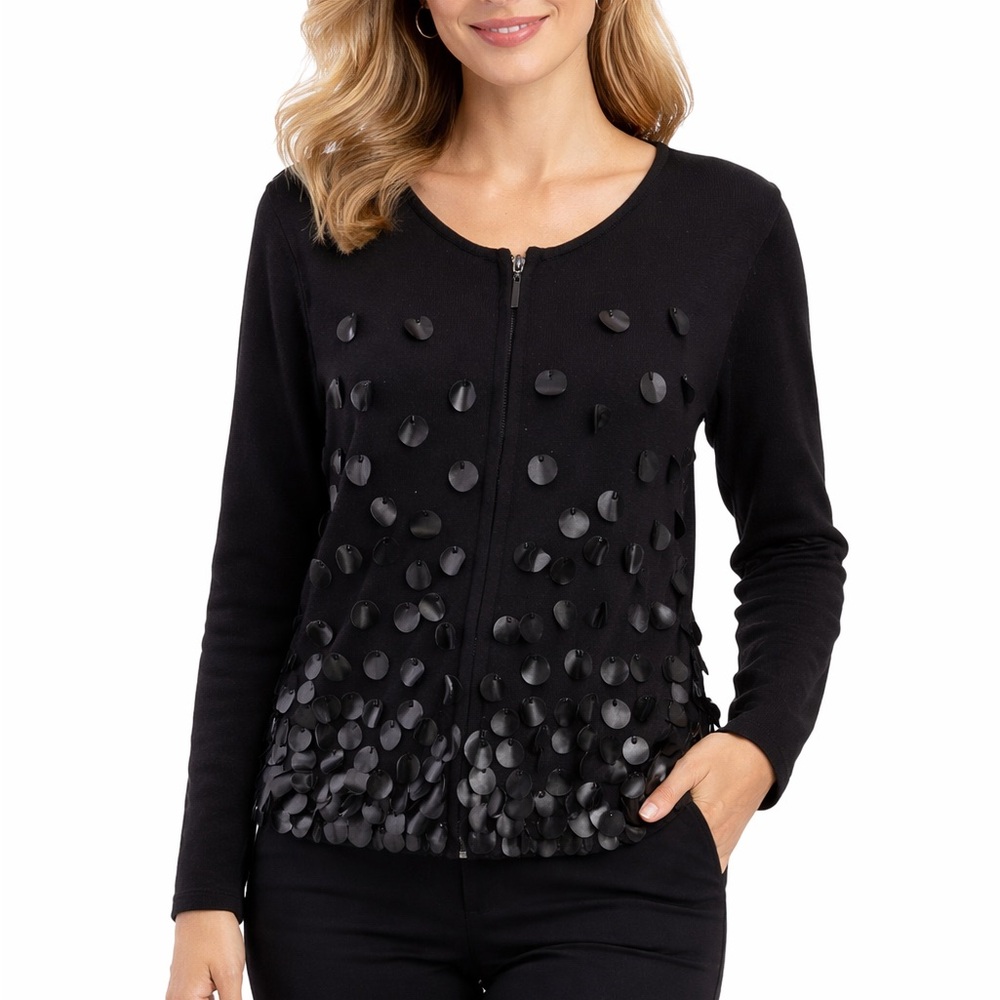 Chico’s Black Sequin Disc Zip Front Jacket Size 3 Large Statement Cardigan